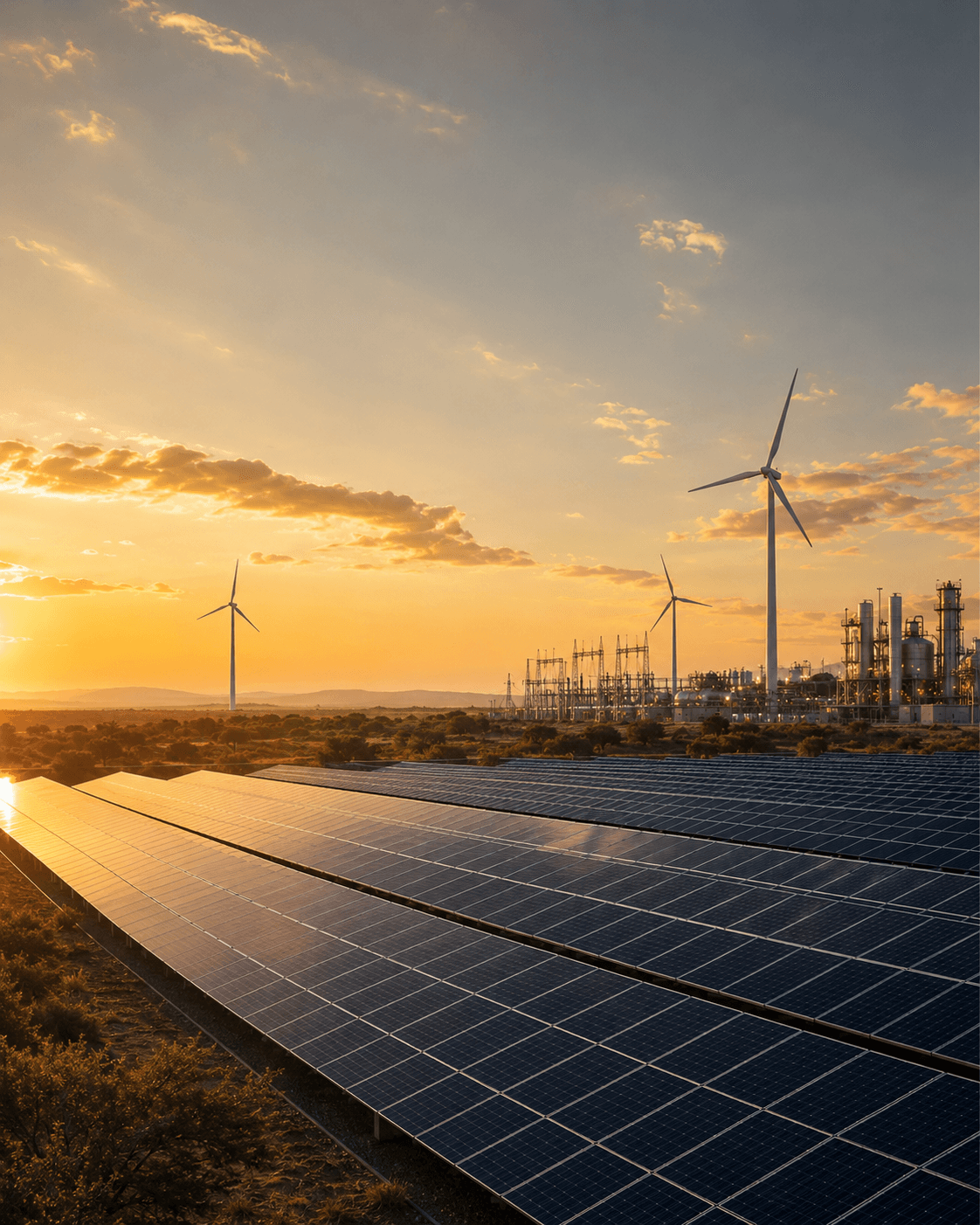 Solar panels and wind turbines across an African energy site