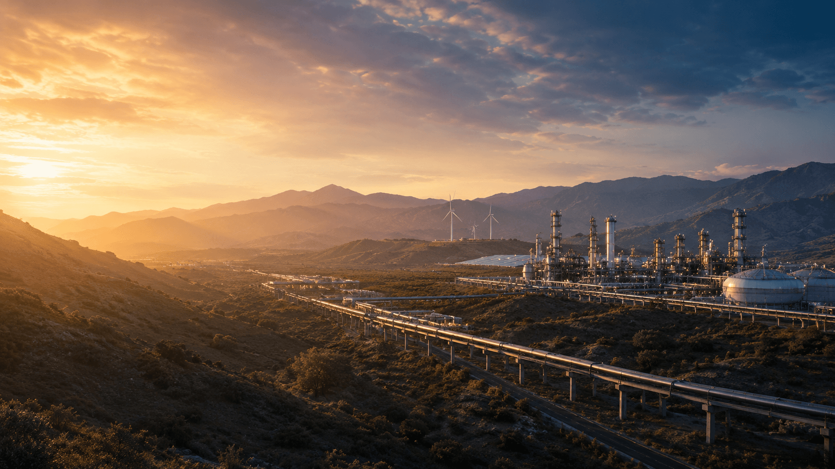 African energy infrastructure set within a mountainous landscape